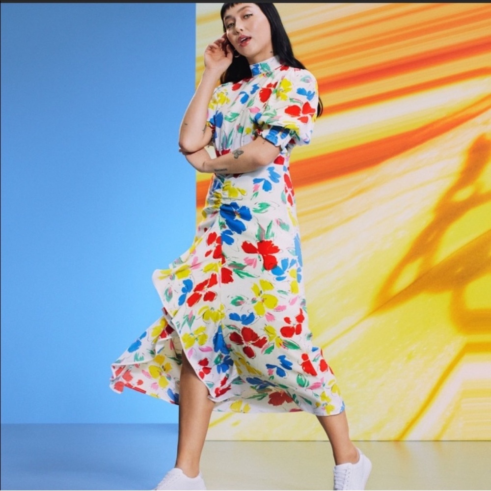 RIXO White Floral Midi Dress with Red and Blue Accents